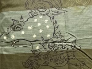 アンティーク　唐獅子模様肩裏手織り紬一つ紋男物羽織